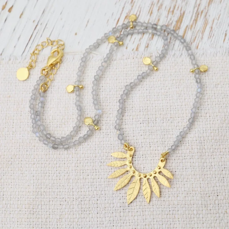 Layered Pearl Necklaces For Bridal Fashion-Labradorite & Gold Fan of Textured Leaves Necklace