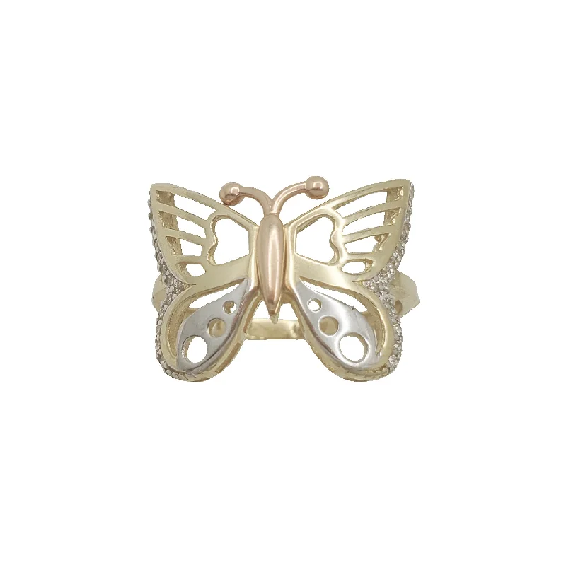 Trendy Stackable Rings For Fashion Forward-Zirconia Tricolor Butterfly Ring (14K)