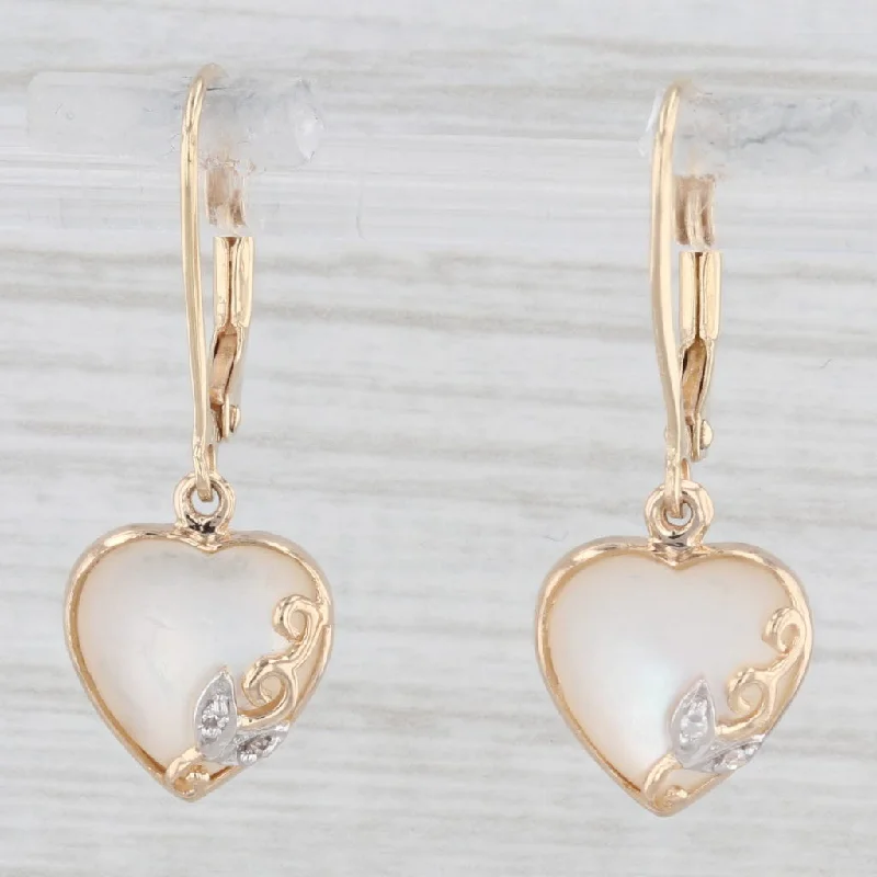 Luxury Diamond Drop Earrings For Glamour-Mother of Pearl Heart Dangle Earrings 14k Yellow Gold Diamonds Lever Backs