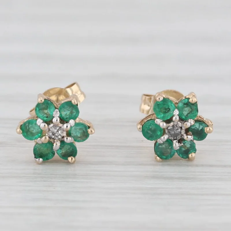 Personalized Engraved Earrings For Gifts-0.20ctw Emerald Flower Stud Earrings 14k Yellow Gold Diamond Accents