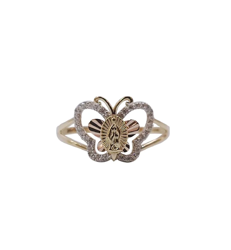 Statement Gold Rings For Fashion Enthusiasts-Tricolor Butterfly Zirconia Guadalupe Ring (14K)