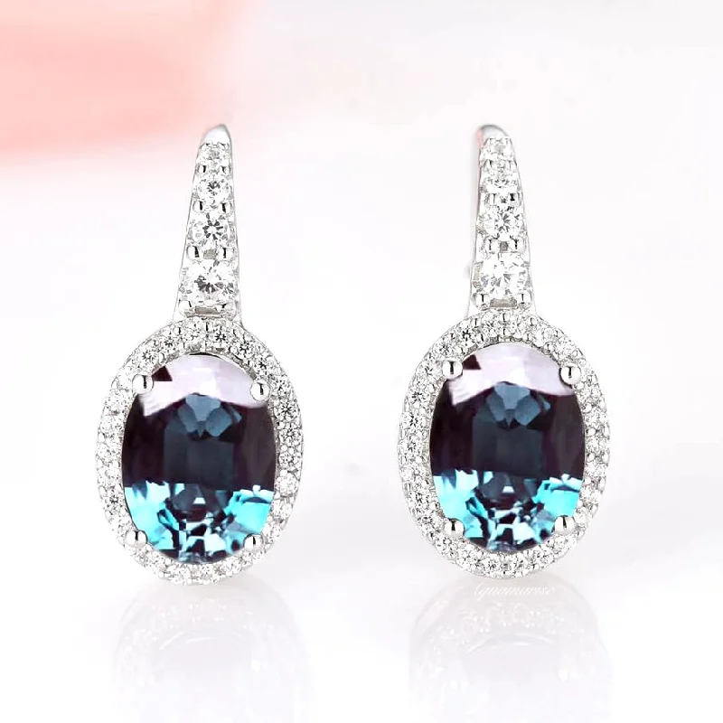 Stylish Resin Earrings For Bright Fashion-Oval Halo Alexandrite Earrings- Sterling Silver