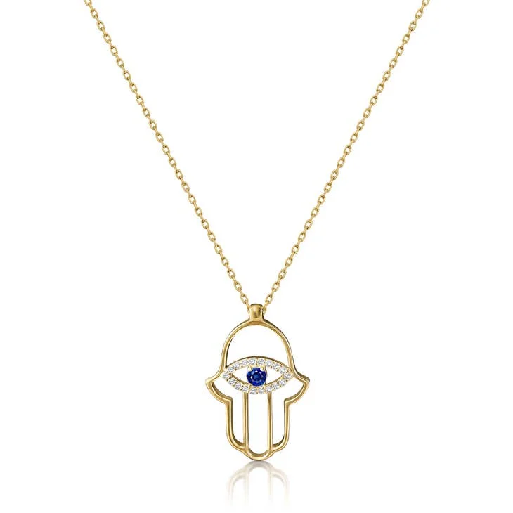 Stylish Bar Necklace For Fashion Forward-Hamsa Outline Necklace with CZ Evil Eye - Gold Plated