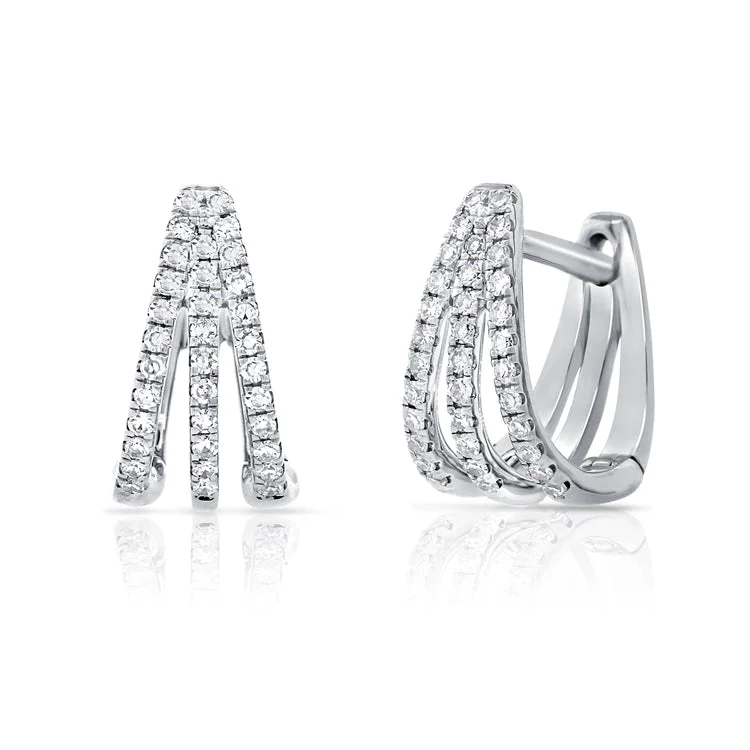 Trendy Gold Earrings For Party Glam-14K White Gold Diamond Triple Huggie Earrings