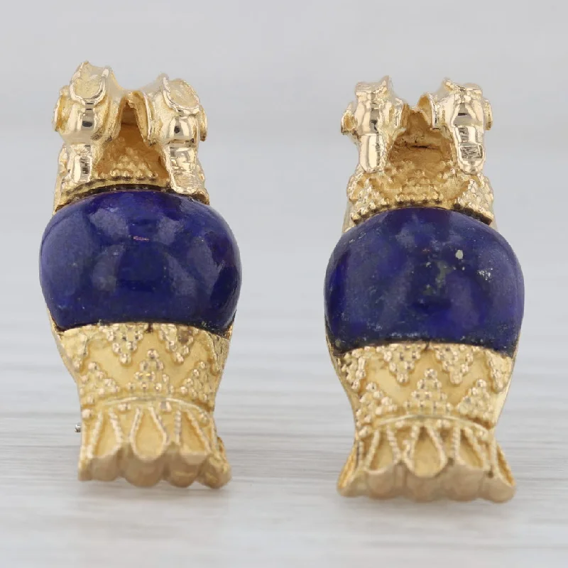 Simple Earrings For Everyday Wear-Vintage Blue Lapis Lazuli Double Bird Drop Earrings 18k Yellow Gold Omega Backs