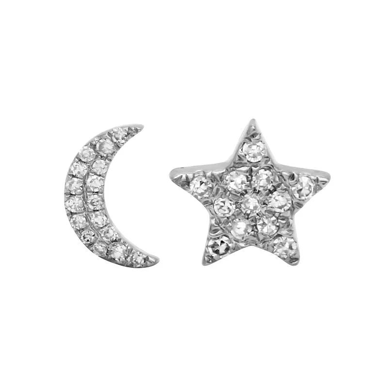 Modern Drop Earrings For Work Style-14K White Gold Diamond Moon + Star Stud Earrings