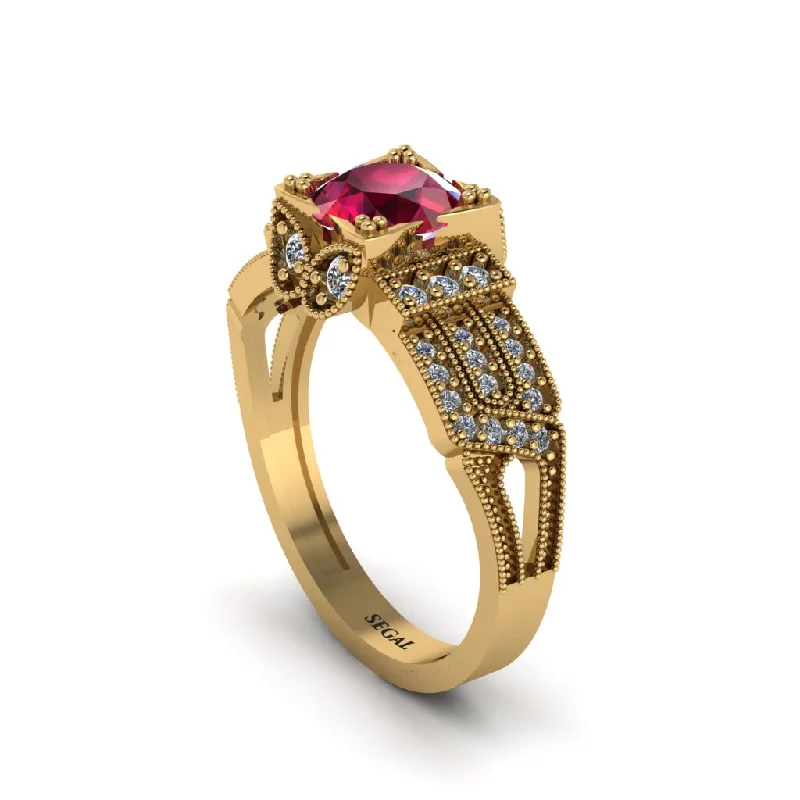 Custom Diamond Rings For Special Occasions-Ruby Milgrain Gold Engagement Ring - Lyric No. 10