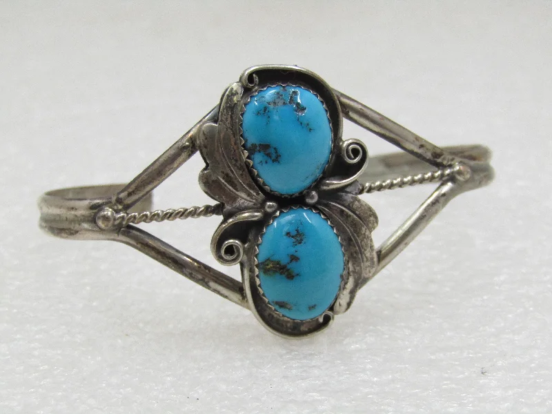 Bracelets With Diamond Accents-Vintage Southwestern Sterling Double Turquoise Cuff Bracelet, 6.5"