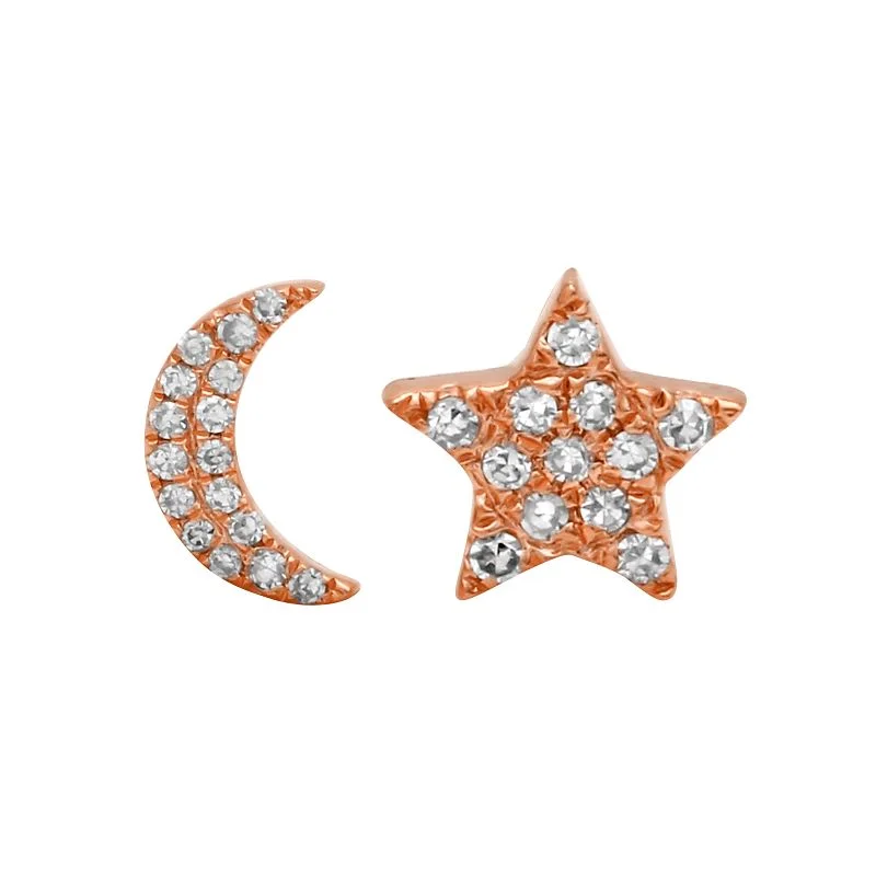 Long Silver Earrings For Elegant Fashion-14K Rose Gold Diamond Star + Moon Stud Earrings