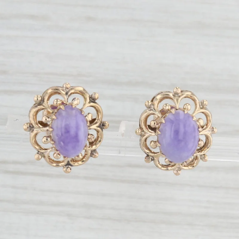 Statement Gemstone Earrings For Bold Fashion-Lavender Jadeite Jade Earrings 10k Yellow Gold Oval Cabochon Openwork Studs