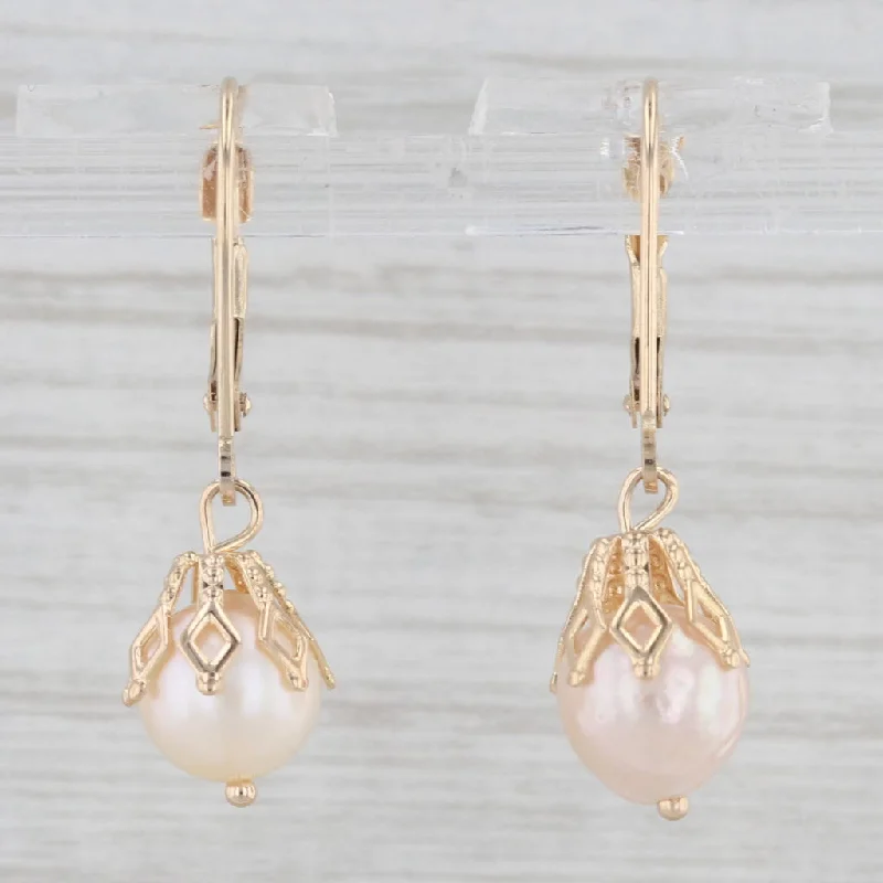 Glamorous Crystal Earrings For Brides-Vintage Cultured Pearl Dangle Earrings 14k Yellow Gold Lever Back