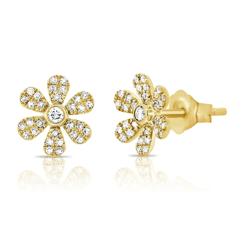 Dazzling Earrings For Special Occasions-14K Yellow Gold Diamond Flower Earrings