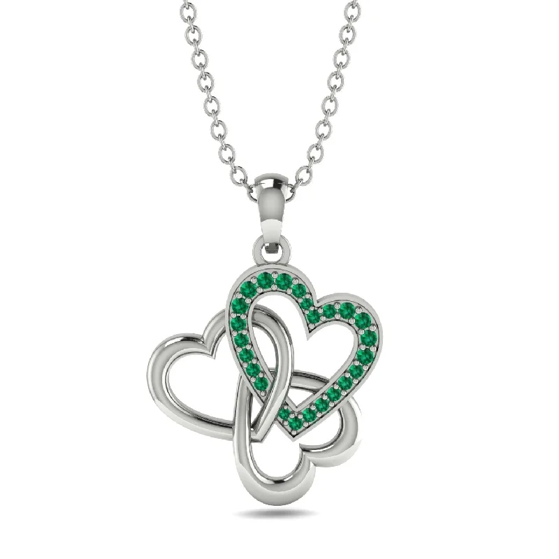 Silver Heart Necklaces For Romantic Gifts-Three Hearts Intertwined Emerald Necklace - Harlow No. 6