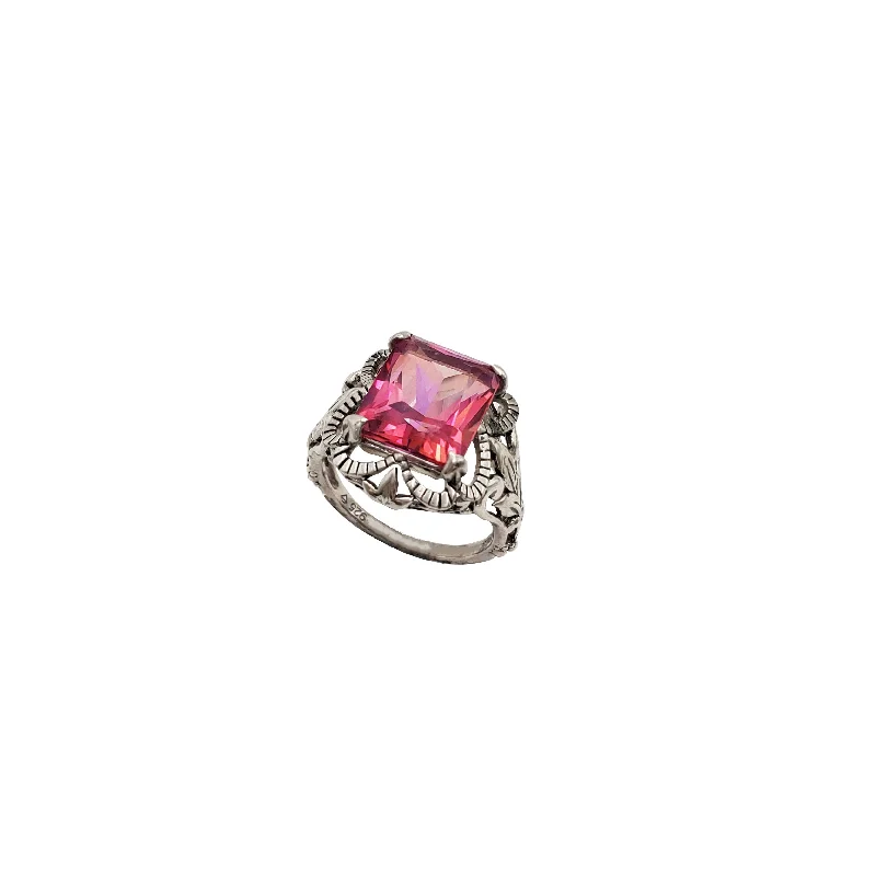 Vintage Style Rings For Retro Fashion-Pink Square Cubic Zirconia Vintage Ring (Silver)