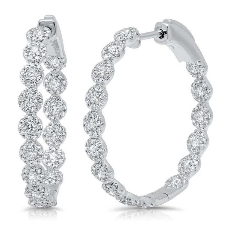 Beautiful Drop Earrings For Parties-14K White Gold Diamond Halo Hoop Earrings