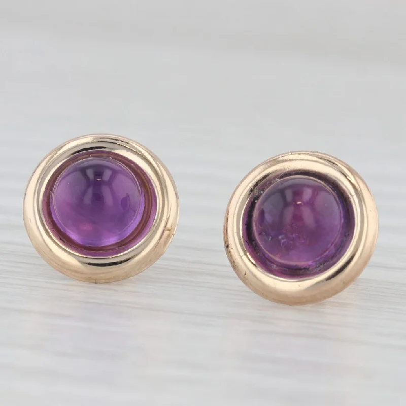 Vintage Crystal Earrings For Romantic Looks-Amethyst Round Cabochon Solitaire Stud Earrings 14k Yellow Gold